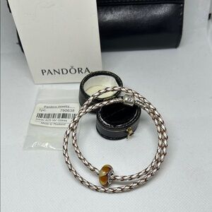 Pandora Two-Tone Braided Leather Bracelet with Yellow Glass Charm